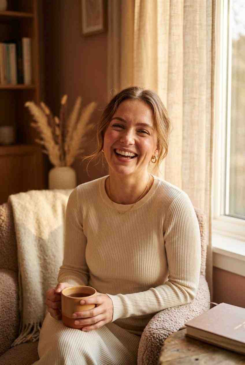 A warm composed woman sitting by a window holding a cup of tea