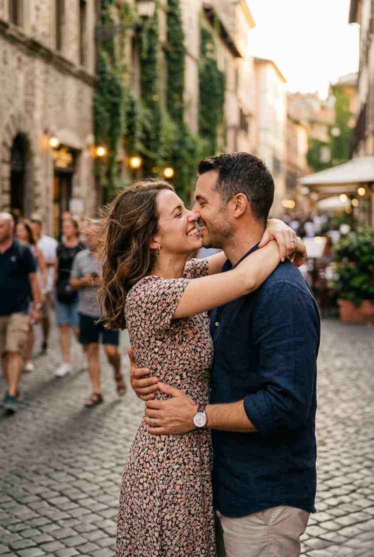 A couple smiling and sharing a joyful intimate moment together