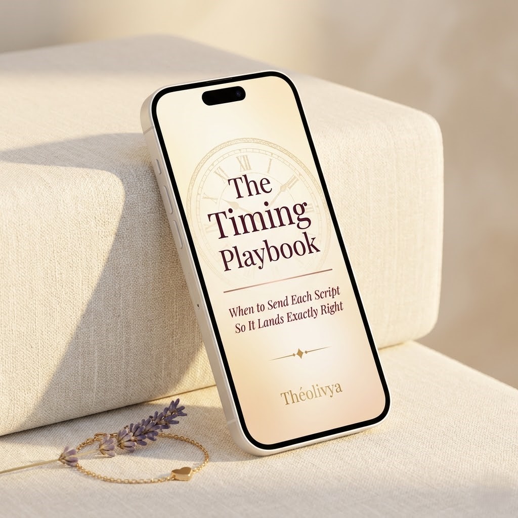 The Timing Playbook from Théolivya, a digital guide on reading a man's pace and intentions in early dating.