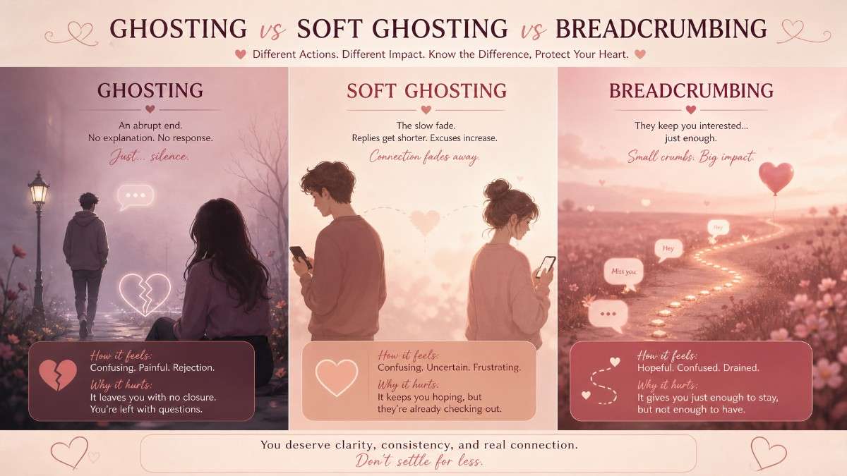 Ghosting vs soft ghosting vs breadcrumbing compared side by side, showing how each one feels and why each one hurts
