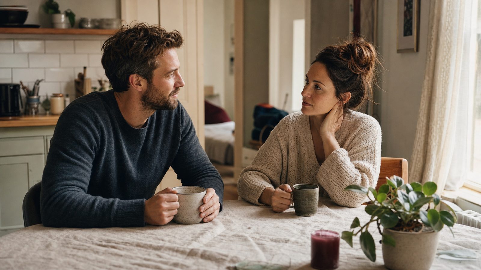 12 Signs an Emotionally Unavailable Man Is Actually Changing A couple speaks quietly at a kitchen table as the man listens with more emotional presence