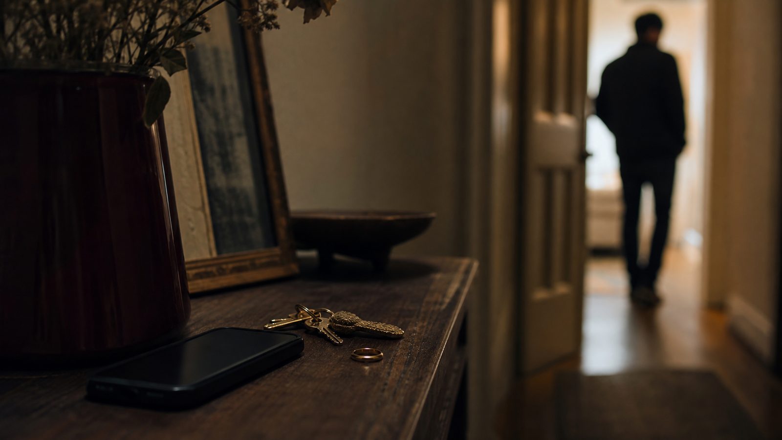 A face down phone, keys, and a ring on an entry table suggest uncertainty and sober discernment