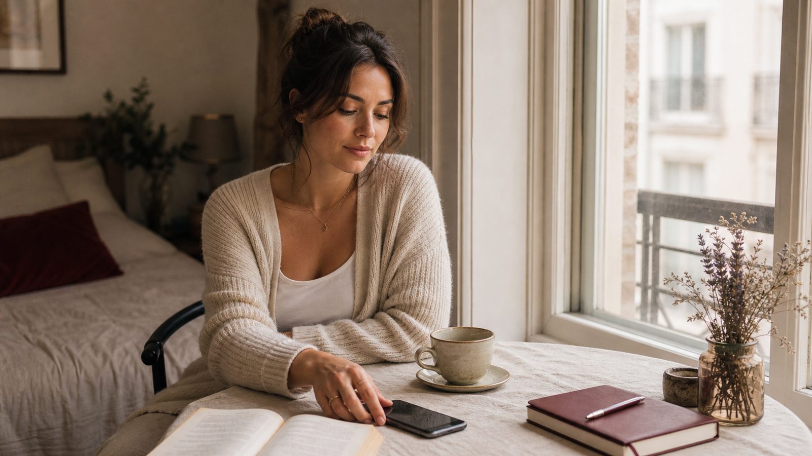 How to Text an Emotionally Unavailable Man: 12 Ways to Keep Your Peace A woman places her phone face down beside tea and a book to keep her peace while texting