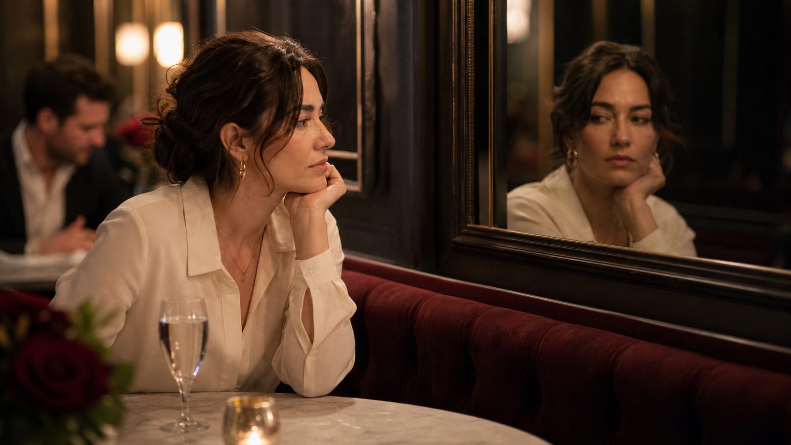 Why Are Emotionally Unavailable Men Attracted to Me? 12 Reasons A woman sits thoughtfully at a restaurant bar while a distant man is blurred in the background