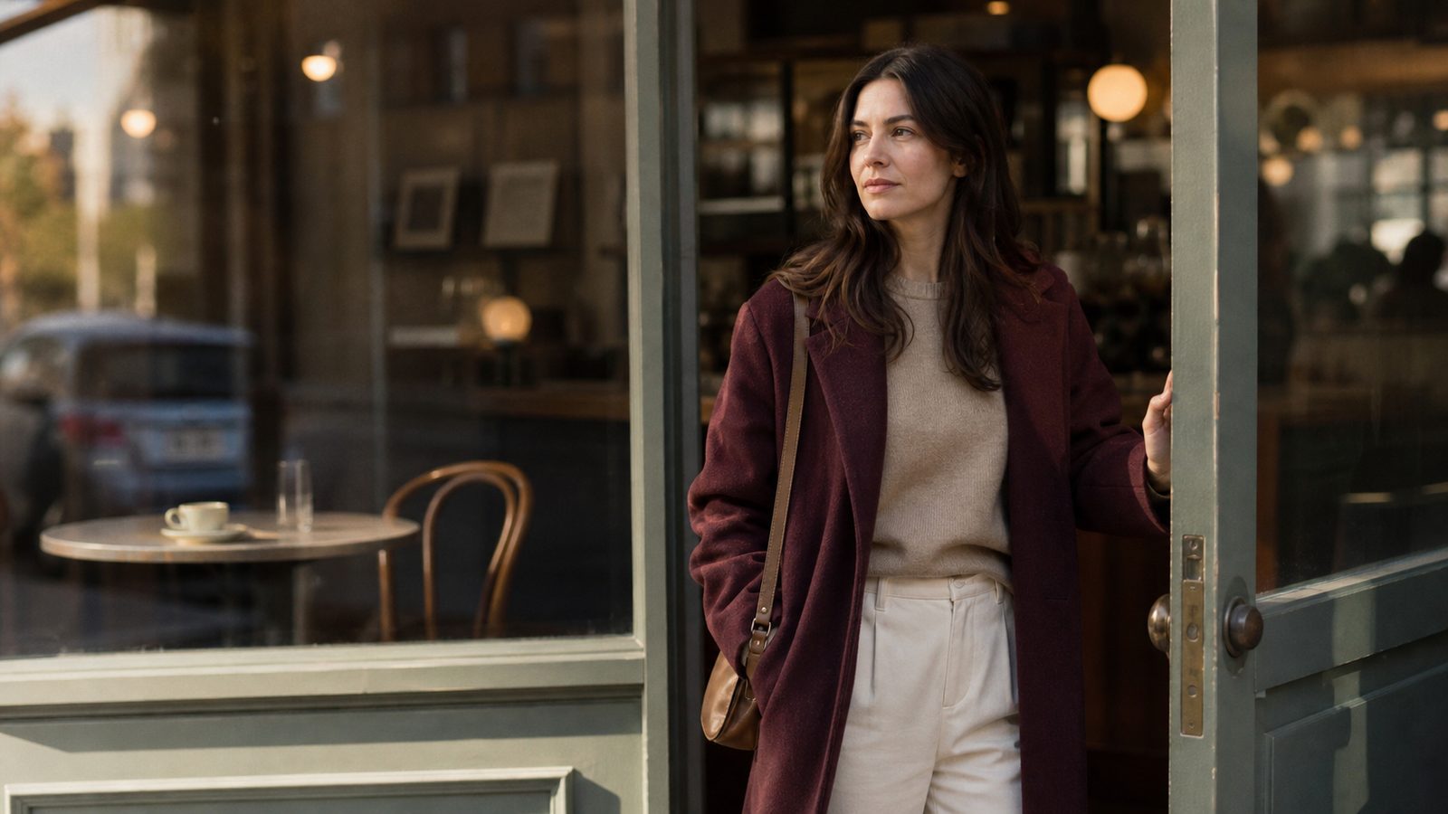 A woman calmly leaves a cafe alone in morning light after choosing a different relationship pattern