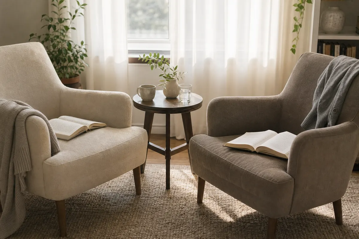 Are Two Avoidant Attachment Styles Compatible? 12 Truths Before You Call It Peace Two armchairs angled apart symbolizing compatibility between two avoidant attachment styles