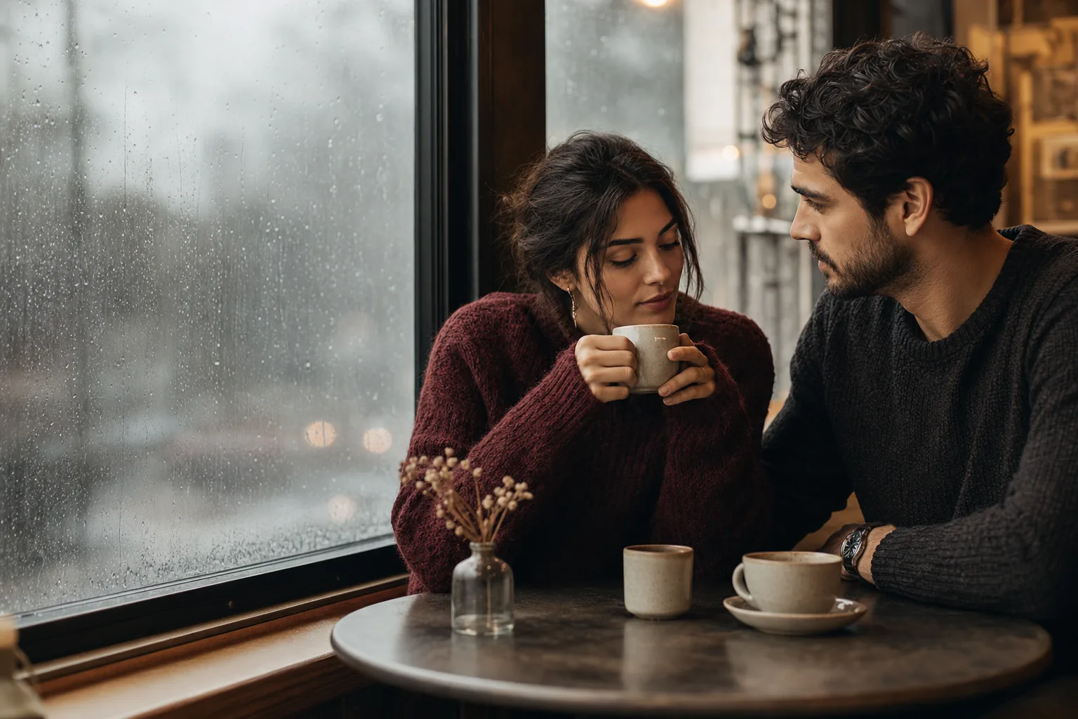 Couple sharing a quiet cafe moment while noticing signs of anxious attachment