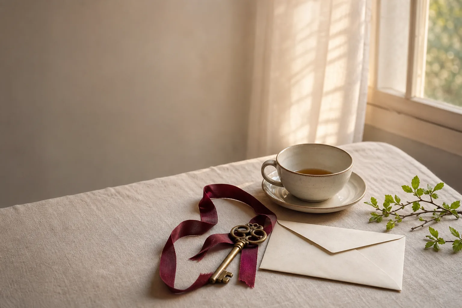 Untied burgundy ribbon and brass key symbolizing healing anxious attachment